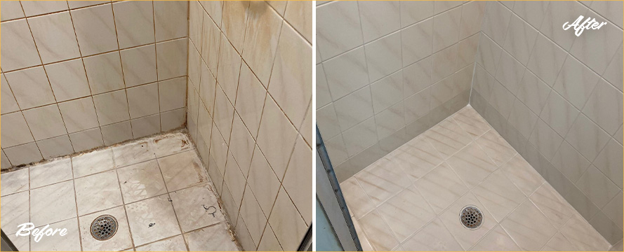 Shower Floor Before and After a Service from Fairfield Tile and Grout Cleaners