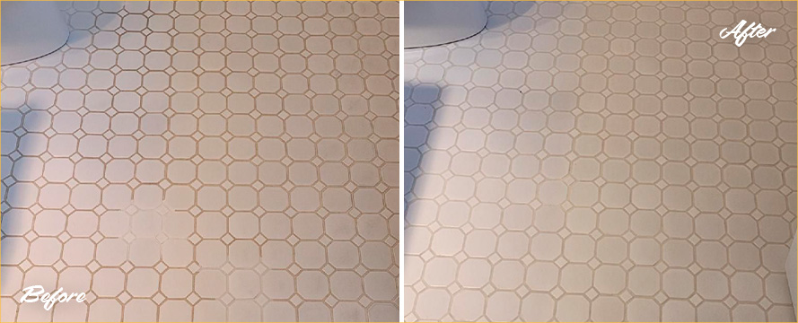 Shower Floor Before and After Our Hard Surface Restoration Services in Westport, CT