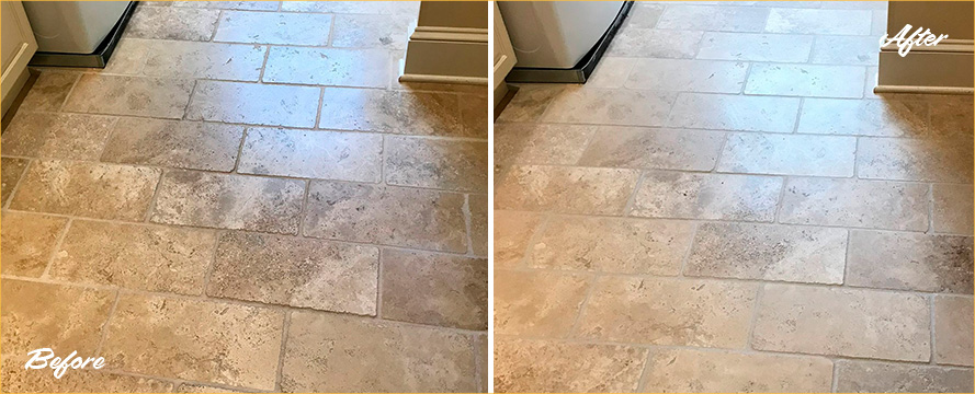 Travertine Floor Before and After our Hard Surface Restoration Services in Westport, CT