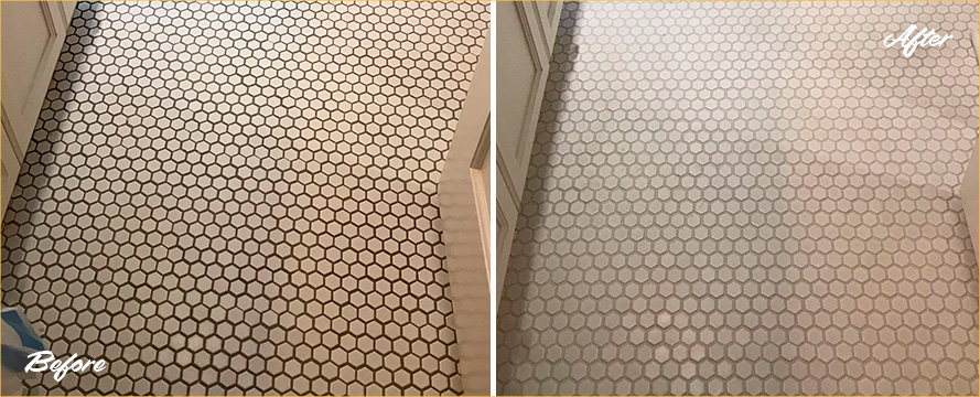 Bathroom Floor Before and After our Hard Surface Restoration Services in Westport, CT