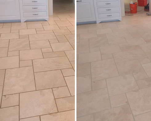 Kitchen Floor Before and After Our Grout Cleaning in Easton, CT