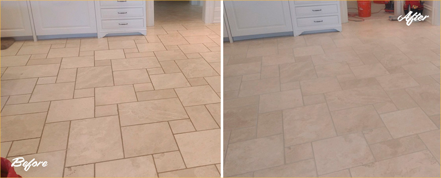Kitchen Floor Before and After Our Grout Cleaning in Easton, CT