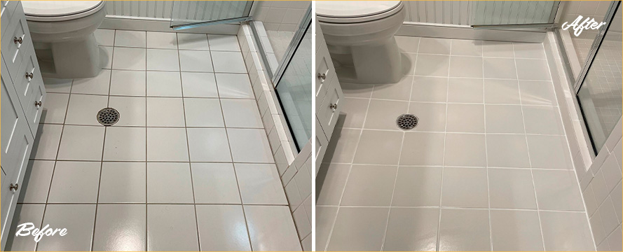 Bathroom Floor Before and After a Grout Sealing in Stamford, CT