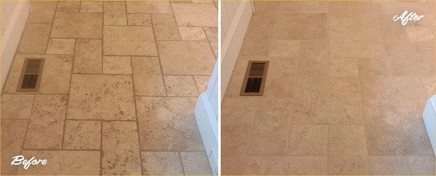 travertine Floor Before and After a Stone Cleaning in New Canaan, CT