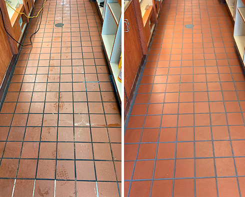 Coffee Shop Kitchen Floor Before and After Our Hard Surface Restoration Services in Fairfield