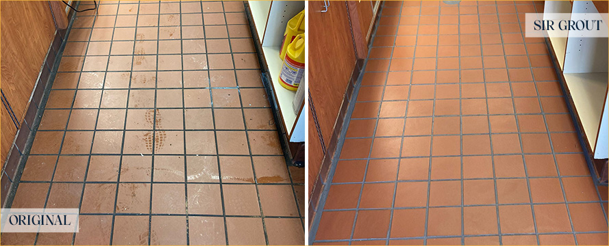 Coffee Shop Kitchen Floor Before and After Our Hard Surface Restoration Services in Fairfield