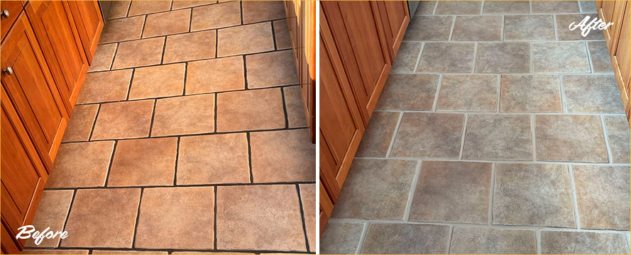 Kitchen Floor Before and After a Grout Sealing in Fairfield