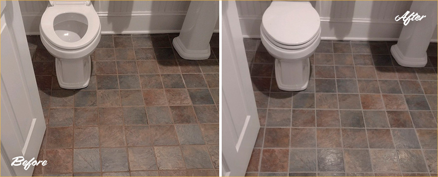 Bathroom Floor Before and After a Grout Cleaning in Westport, CT