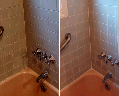 Ceramic Tile Shower Before and After a Grout Cleaning and Sealing in Greenwich