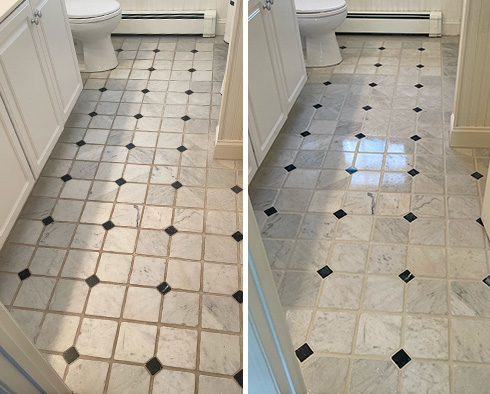 Bathroom Floor Before and After a Grout Cleaning in Ridgefield