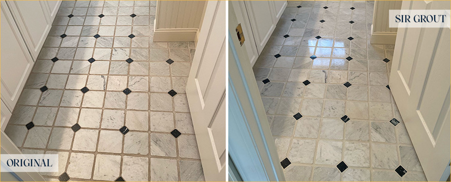 Bathroom Floor Before and After a Stone Cleaning in Ridgefield