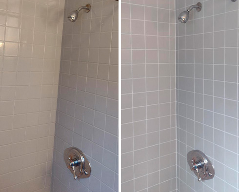 Shower Before and After a Grout Recoloring in Fairfield, CT