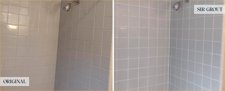 Shower Before and After a Superb Grout Recoloring in Fairfield, CT