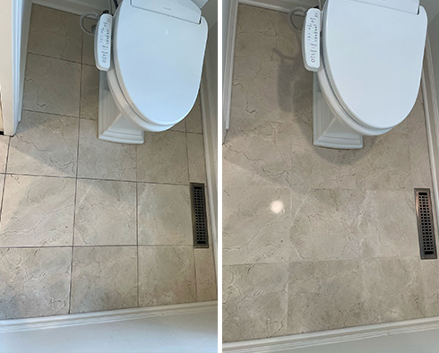 Bathroom Floor Before and After a Stone Cleaning in New Canaan