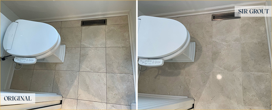 Bathroom Floor Before and After a Stone Cleaning in New Canaan