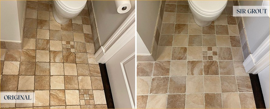 Bathroom Floor Before and After a Grout Recoloring in New Canaan
