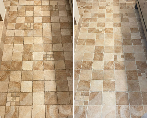 Travertine Floor Before and After a Grout Recoloring in New Canaan