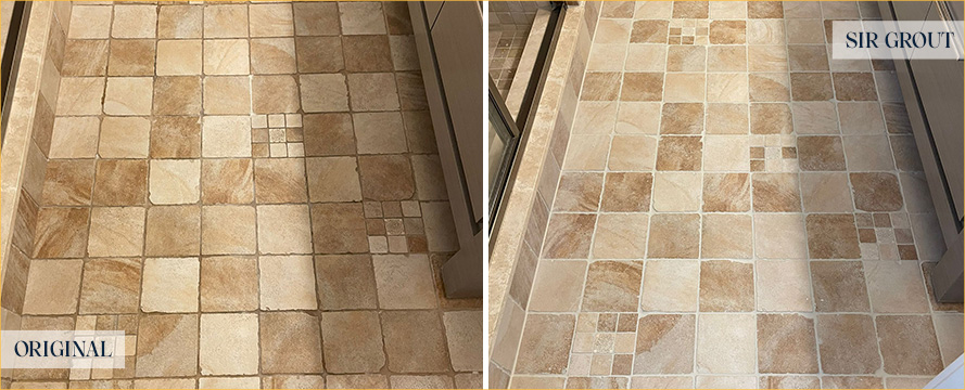 Travertine Floor Before and After a Grout Recoloring in New Canaan