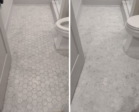 Bathroom Floor Before and After a Stone Cleaning in Darien, CT