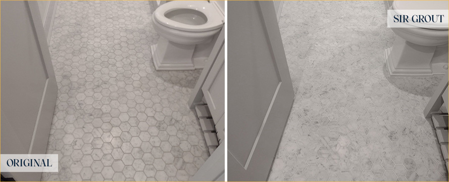 Bathroom Floor Before and After a Stone Cleaning in Darien, CT