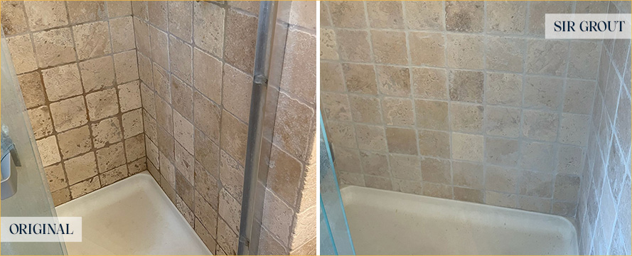 Shower Walls Before and After a Stone Cleaning in Darien, CT