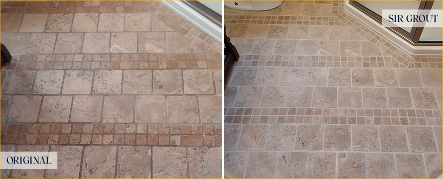 Bathroom Floor Before and After a Stone Cleaning in Leesburg, FL