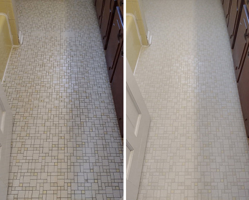 Bathroom Floor Before and After a Grout Cleaning in Westport