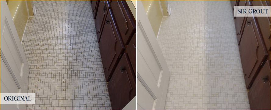Bathroom Floor Before and After a Grout Cleaning in Westport