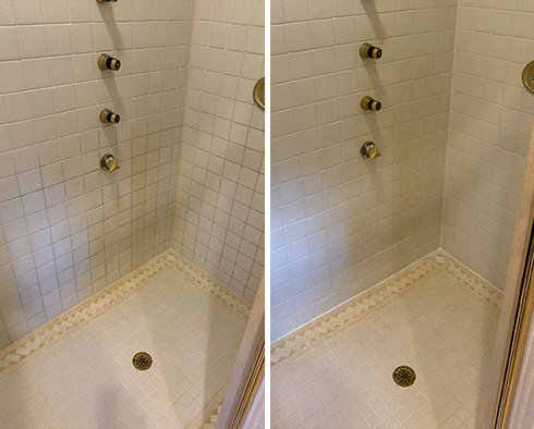 Tile Shower Before and After a Grout Cleaning in Stamford