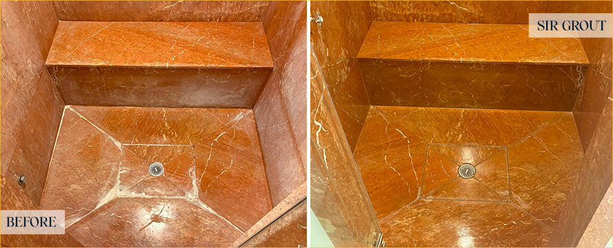 Shower Floor and Bench Before and After a Stone Cleaning in Fairfield