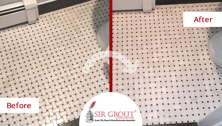 Before and After Picture of a Tile Cleaning Service on a Bathroom in Easton, Connecticut