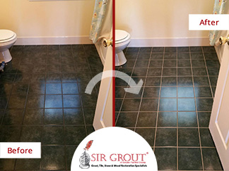 Before and After Picture of a Bathroom Grout Recoloring Job in New Fairfield, CT