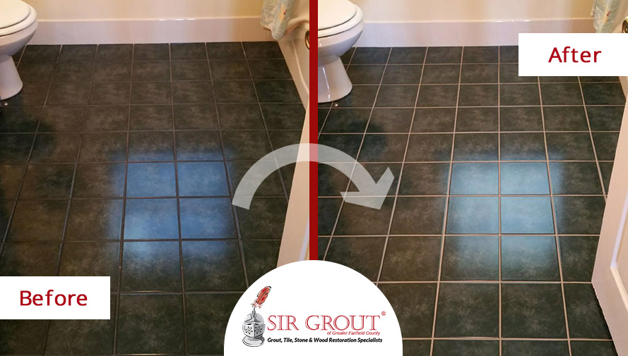 Before and After Picture of a Bathroom Grout Recoloring Job in New Fairfield, CT