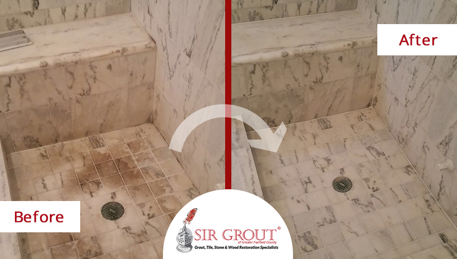 Marble Bathroom Before and After a Honing and Polishing in Fairfield, CT