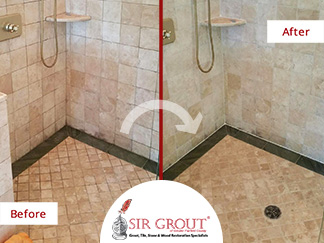 Before and After Picture of a Natural Stone Shower Grout Cleaning in Darien, CT
