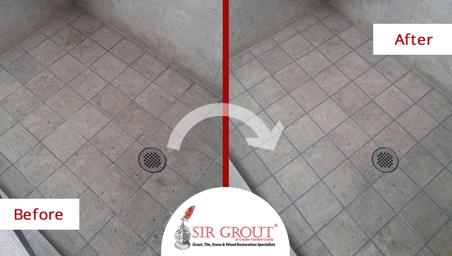 Before and After Picture of a Shower Floor Grout Sealing Service in Ridgefield, CT