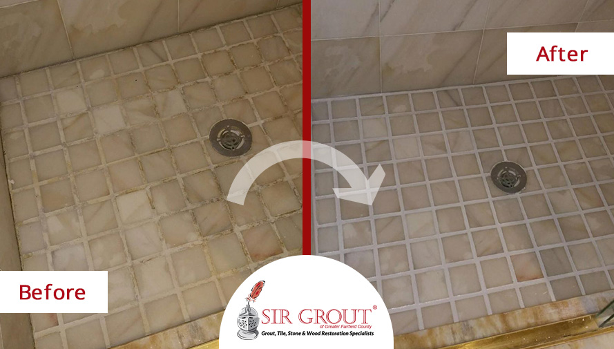 Before and After Picture of a Bathroom Grout Sealing Service in Ridgefield, CT