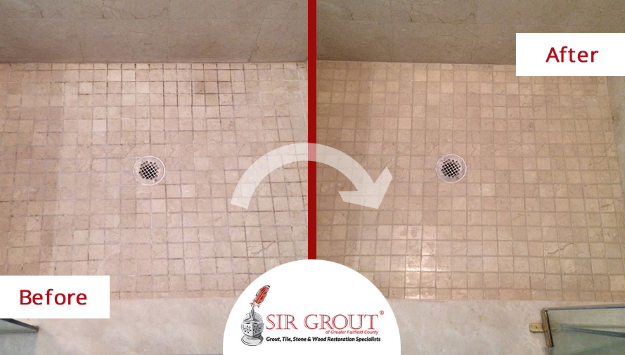 Before and After Picture of a Bathroom's Grout Cleaning Job in Stamford, CT