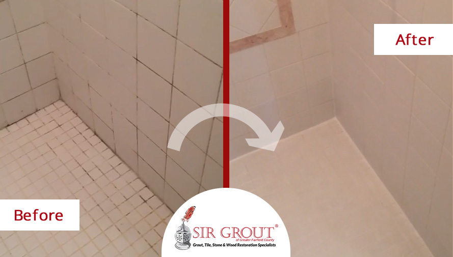 Before and After Picture of a Shower Grout Cleaning Service in New Fairfield, CT