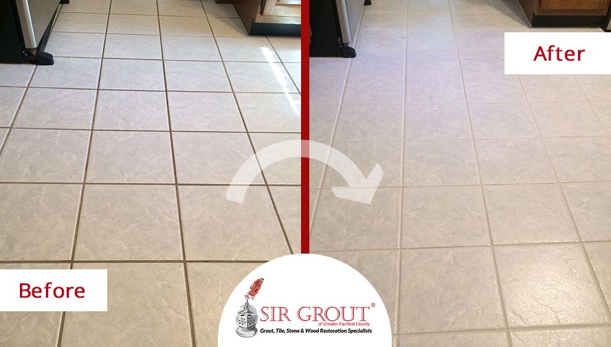 Before and After Picture of a Grout Recoloring Service in Fairfield, CT