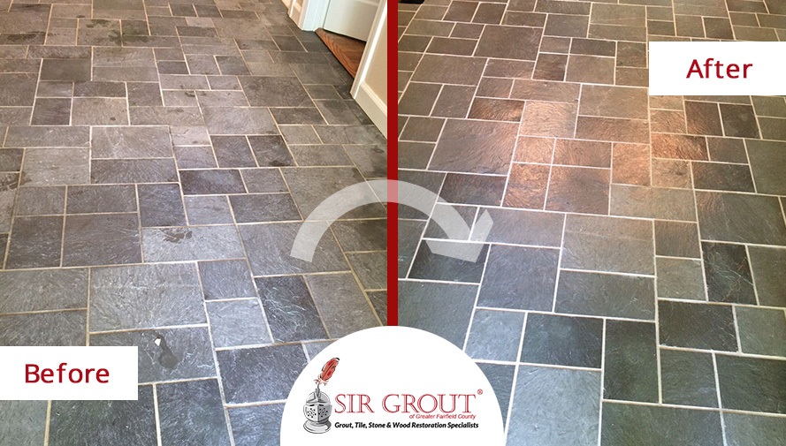 Before and After Picture of a Grout Cleaning in Westport, CT