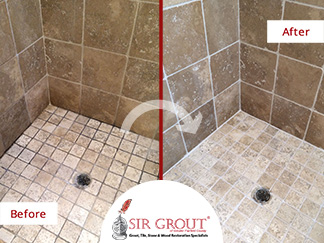 Before and After Picture of a Bathroom Grout Sealing in New Canaan, Connecticut