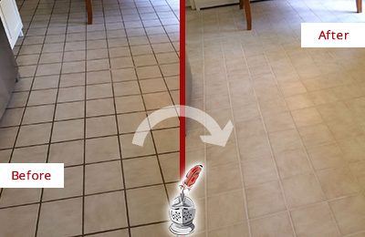 Before and After Picture of a Tile Floor Regrouted to Eliminate Dirt Build-Up