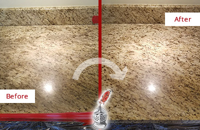 Sir Grout Cleans and Seals this Dull Kitchen's Granite Countertop to Recover Its Color Before and After Picture of a Dull Kitchen Granite Countertop Cleaned and Sealed to Recover Its Sheen