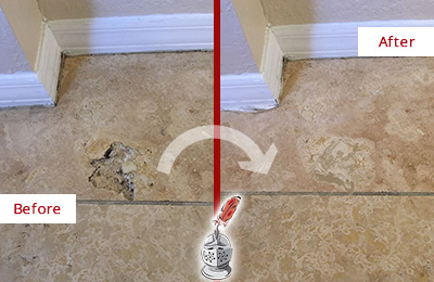 Before and After Picture of Marble Floor Restored to Repair Damage and Hole