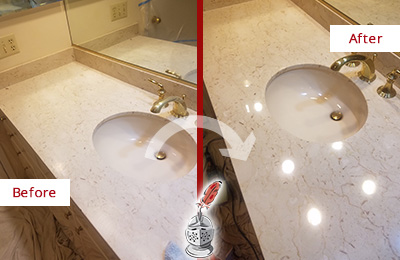 Before and After Picture of a Dull Marble Vanity Top Restored to Remove Etch Marks