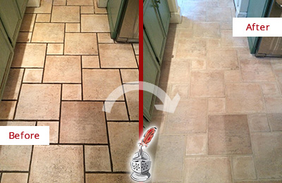 Sir Grout Hones and Polishes this Dull Travertine Floor to a High Gloss Before and After Picture of a Dull Travertine Floor Honed and Polished to a High Gloss