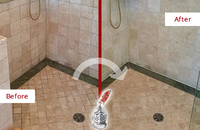Before and After Picture of Moldy Travertine Shower Honed and Polished to Remove Mold