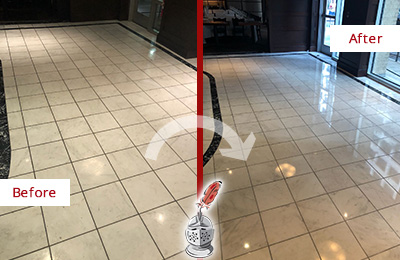 Sir Grout of Greater Fairfield County Stone Services Help Maintain, Clean, and Polish Building Lobbies and Commercial Offices Stone Surfaces Picture of a Building Marble Entrance Floor Before and After Stone Restoration, Cleaning and Polishing