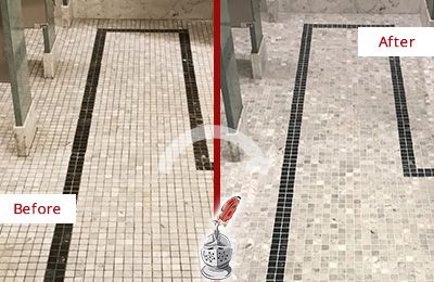Sir Grout of Greater Fairfield County Stone Cleaning Services Can Help Repair the Look of this Grimy Hospital's Restroom Before and After Picture of a Hospital Travertine Bathroom Floor Stone Cleaning Service